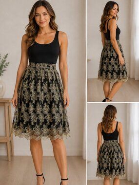 Alythea Women's Black & Gold Floral Lace Embroidered Skirt - Size Medium